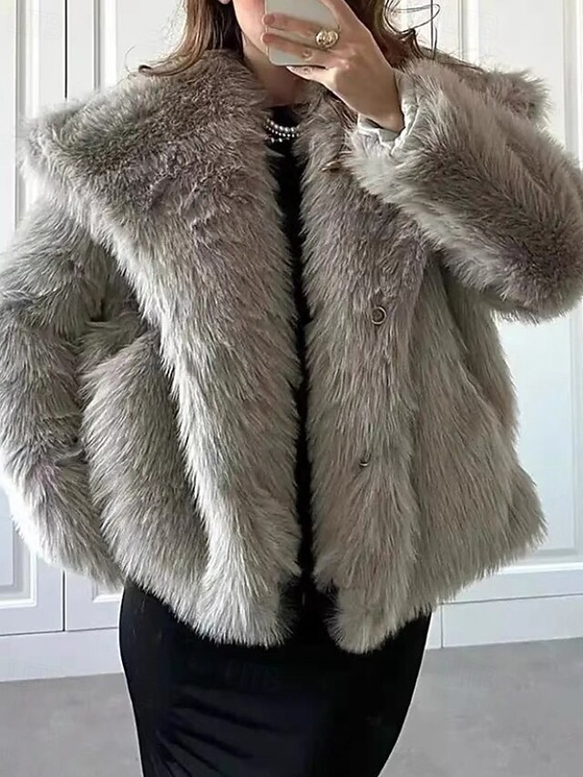 Women's Faux Fur Coat Warm Comfortable Furs & Leathers Casual Plain Vacation Street Holiday Going out Regular Turndown Regular Fit Long Sleeve Outerwear Light Grey Fall Winter4