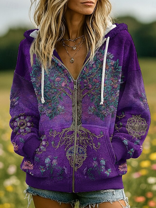 Women's Zip Up Hoodies Floral Graphic Fashion Casual Long Sleeve Hooded Regular Tops Street Dailywear Patchwork Zipper Pocket Purple Spring Fall2