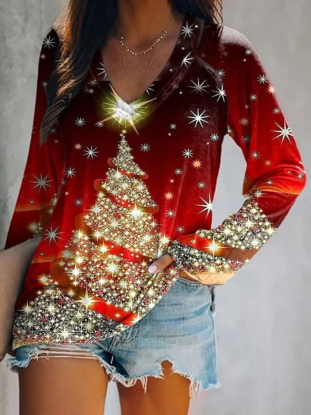 Christmas Women's T Shirt Graphic Christmas Tree Elegant Vintage Stylish Long Sleeve V Neck Regular Tops Daily Going out Weekend Print Pink Red Blue Summer Spring Fall Winter4