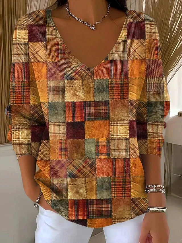 Women's Sweater Casual Soft Graphic Geometric Color Block Ribbed V Neck Patchwork Knitted Print Long Sleeve Regular Tops Knit Outdoor Daily Weekend Light Brown Fall Winter4