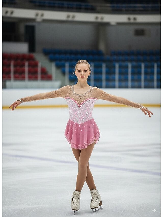 Figure Skating Dress Women's Girls' Ice Skating Dress Pink Patchwork Thumbhole Spandex High Elasticity Training Professional Competition Skating Wear Classic Crystal / Rhinestone Long Sleeve Ice4