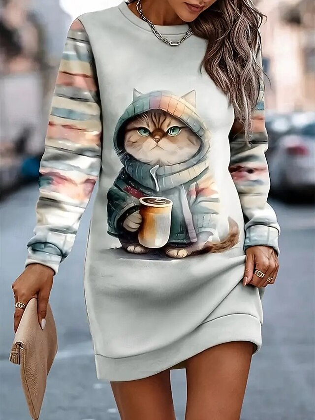 Women's Pink Orange Gray Fall Winter Mini Dress Shift Dress Vacation Casual Outdoor Vacation Home Regular Fit Animal Geometric Plaid Crew Neck4