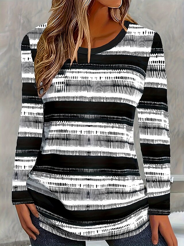 Women's T Shirt Graphic Striped Vintage Stylish Classic Long Sleeve Crew Neck Round Neck Regular Tops Daily Print Black Spring Fall Winter4