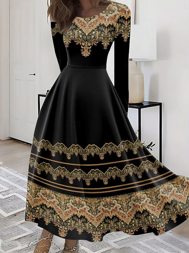  Női Maxiruha A vonalú ruha Fit and Flare ruha Szabadság Alkalmi Boho Parti Napi Alkalmi Normál Grafika Törzsi Hosszú ujj Terített nyak Sárga Medence Bíbor Lóhere Nyár Tavasz Ősz Tél