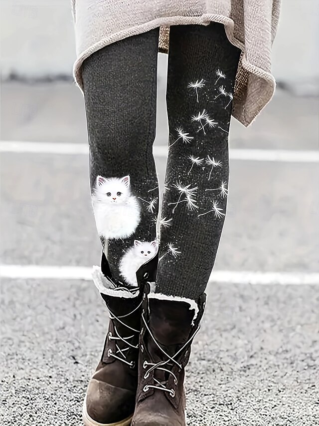 Women's Slacks Leggings Cozy Leggings Vacation Vintage Streetwear Full Length Natural Graphic Cat Dandelion Elastic Waist Print Comfy Outdoor Comfortable Stretchy Outdoor Vacation Streetwear Black4