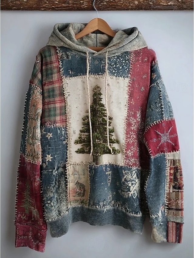  Femmes Sweat à capuche Fleuri Graphique Arbre de Noël Élégant Chaud Actif manche longue À capuche Hauts Réguliers Rue Tenue Quotidienne Occasionnel Patchwork Imprimé Bleu Printemps Automne Hiver