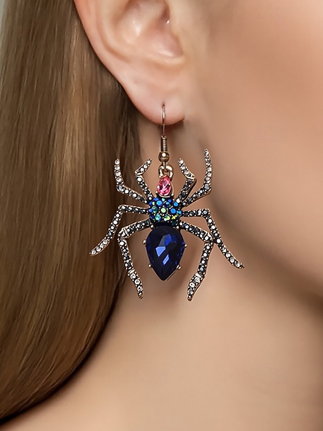 ラインストーンクリスタルのディテールが施された女性用ハロウィンスパイダードロップイヤリング。パーティーやコスプレに最適なヴィンテージゴシックスタイルのステートメントジュエリー。