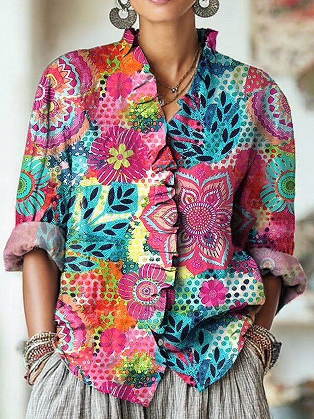 Women's Boho Shirt Floral Graphic Elegant Vintage Daily Long Sleeve Half Sleeve V Neck Regular Tops Work Daily Holiday Ruched Ruffle Yellow Red Green Summer Spring Fall4