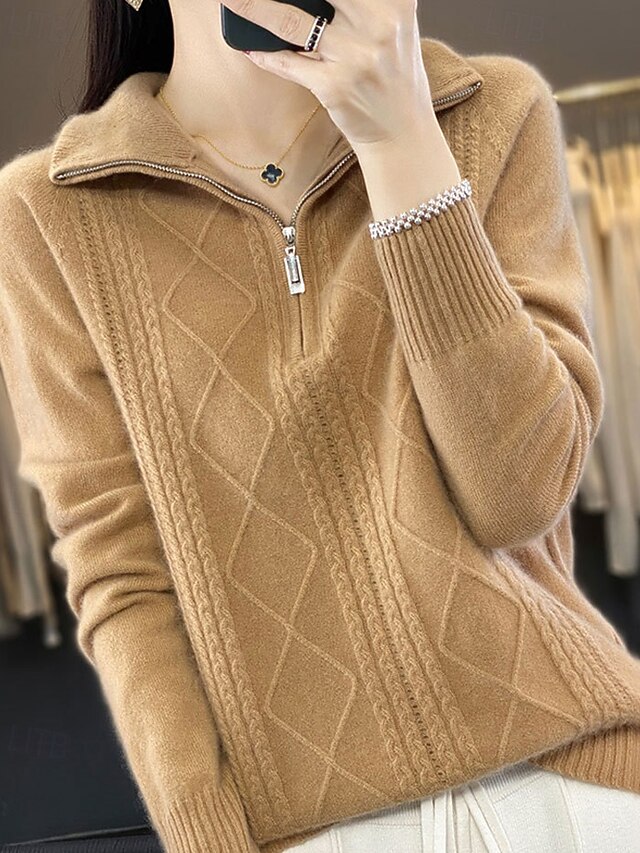 Women's Sweater Pullover Fashion Casual Pure Color Ribbed Half Zip Zipper Knitted Long Sleeve Regular Tops Knit Outdoor Daily Weekend Camel Fall Winter4