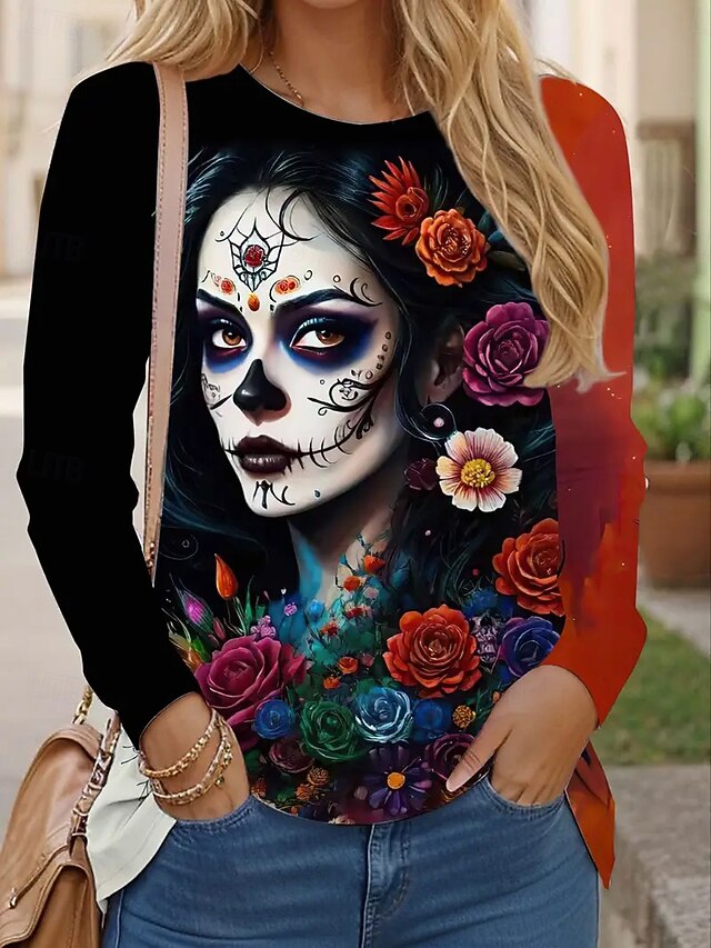Halloween Women's T Shirt Skulls Graphic Fashion Casual Long Sleeve Crew Neck Round Neck Regular Tops Daily Weekend Print Red Summer Spring Fall4