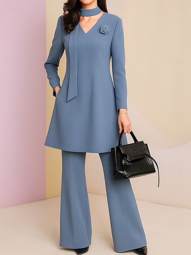  قطعتين بدلة بنطلون طول الأرض كم طويل V رقبة أنيق بسيط ضيف حفل زفاف بوليستر فستان أم العروس مع زهور لون صلب