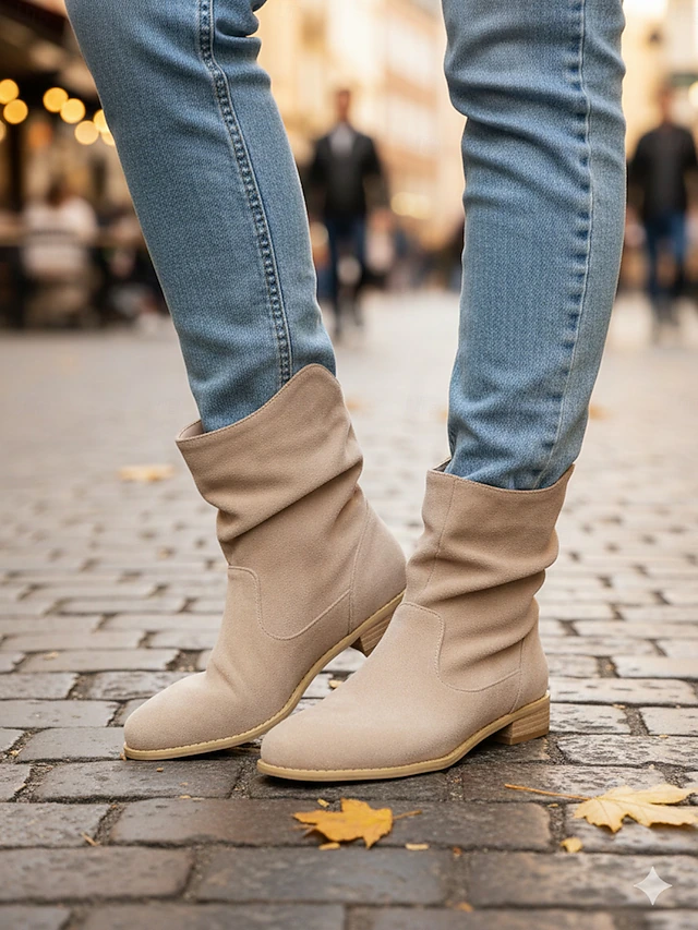 Women's Trendy Slouchy Mid Calf Boots - Beige Faux Suede Low Heel Comfortable Casual Boots for Everyday Wear 15