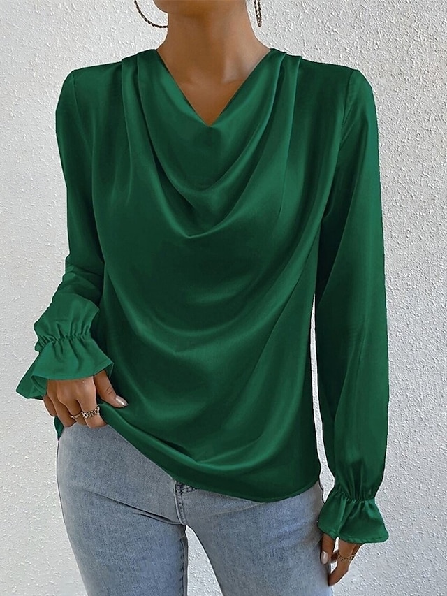  Femmes Chemise Chemise en satin Uni Élégant Occasionnel manche longue Col Bénitier Hauts Réguliers Quotidien Sortir Drapé Noir Rose Claire Vert Abricot Printemps Automne