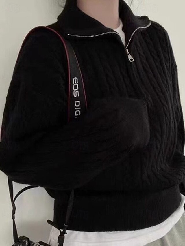 Women's Sweater Casual Soft Solid Color Ribbed Half Zip Knitted Long Sleeve Regular Tops Knit Outdoor Daily Weekend Black Fall Winter4