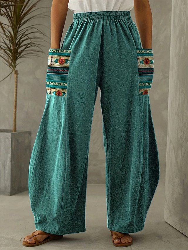  Per donna Gamba larga Pantaloni Vacanza Stile Etnico Casual Lunghezza intera Vita Alta Grafico Tasca Fascia Elastica Stampato Comodo Traspirabilità Inelastico Vacanza Casuale Quotidiano Blu pavone