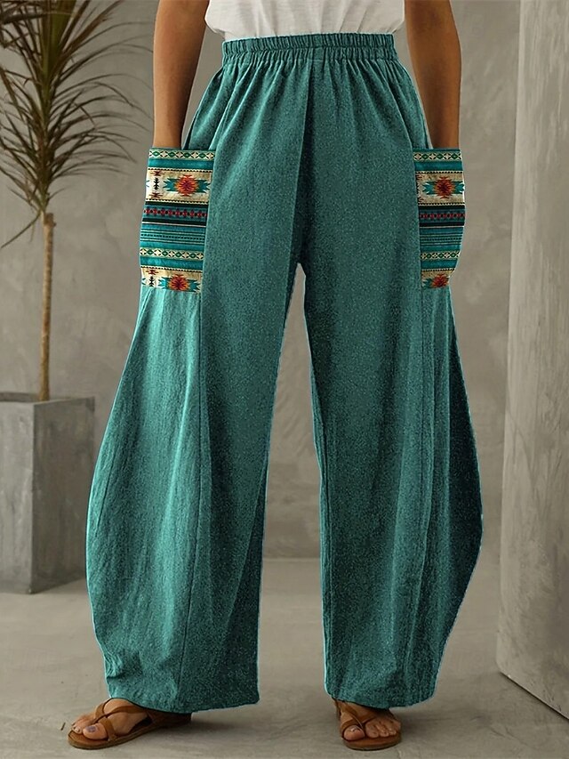 Women's Wide Leg Pants Trousers Vacation Ethnic Style Casual Full Length High Waist Graphic Pocket Elastic Waistband Print Comfy Breathability Inelastic Vacation Casual Daily Peacock Blue Spring Fall4