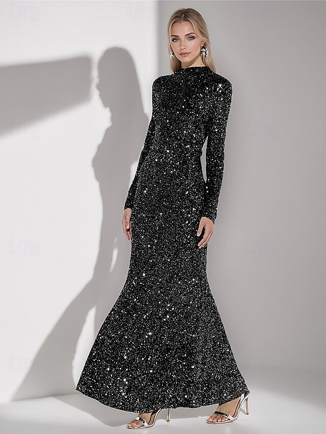Black Tie Silver Black Mermaid / Trumpet Evening Gown Elegant Formal Dress Formal Wedding Floor Length Long Sleeve High Neck with Sequin 20254