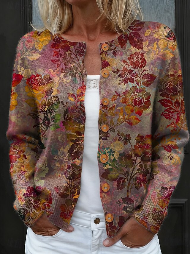 Women's Cardigan Daily Casual Floral Graphic Ribbed Crew Neck Floral Buttons Print Long Sleeve Regular Tops Knit Outdoor Weekend Brown Spring Fall4