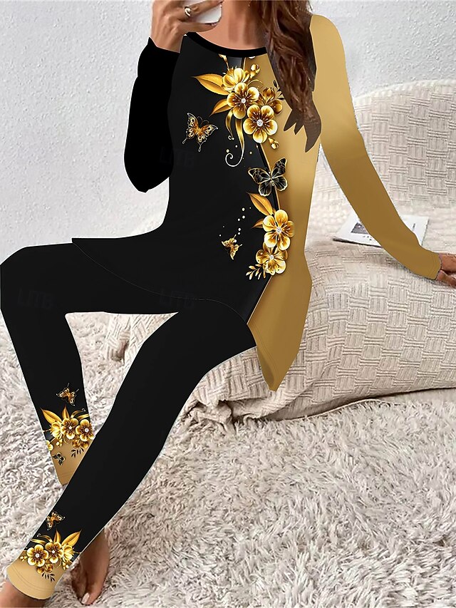 Women's Elegant Vacation Fashion T Shirt Pants Sets Long Sleeve Crew Neck Round Neck Ombre Floral Graphic Print Casual Daily Casual Daily Gold Spring Loose Fit4