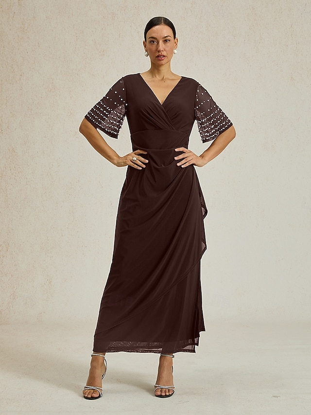  Dámské Maxi šaty Plášťové šaty Elegantní Pevná barva Krátký rukáv Do V Hnědá Léto Jaro Podzim