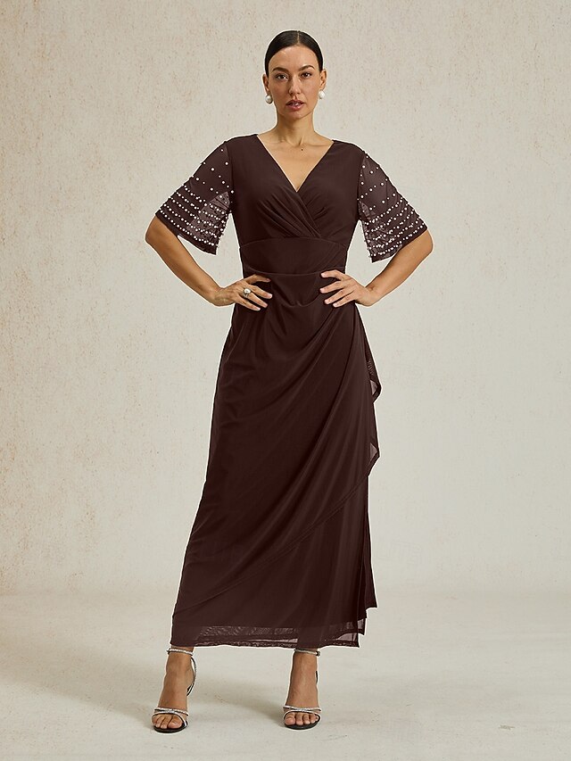 Women's Maxi Dress Sheath Dress Elegant Solid Color Short Sleeve V Neck Brown Summer Spring Fall4