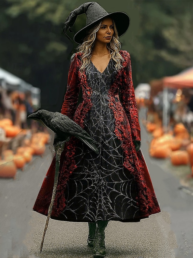  Halloween Per donna Abito maxi Abito a trapezio Vacanza Casual Boho Spiaggia Vestibilità regolare Floreale Grafico Manica Lunga Scollo a V Nero Rosso scuro Vino Rosso Primavera Autunno