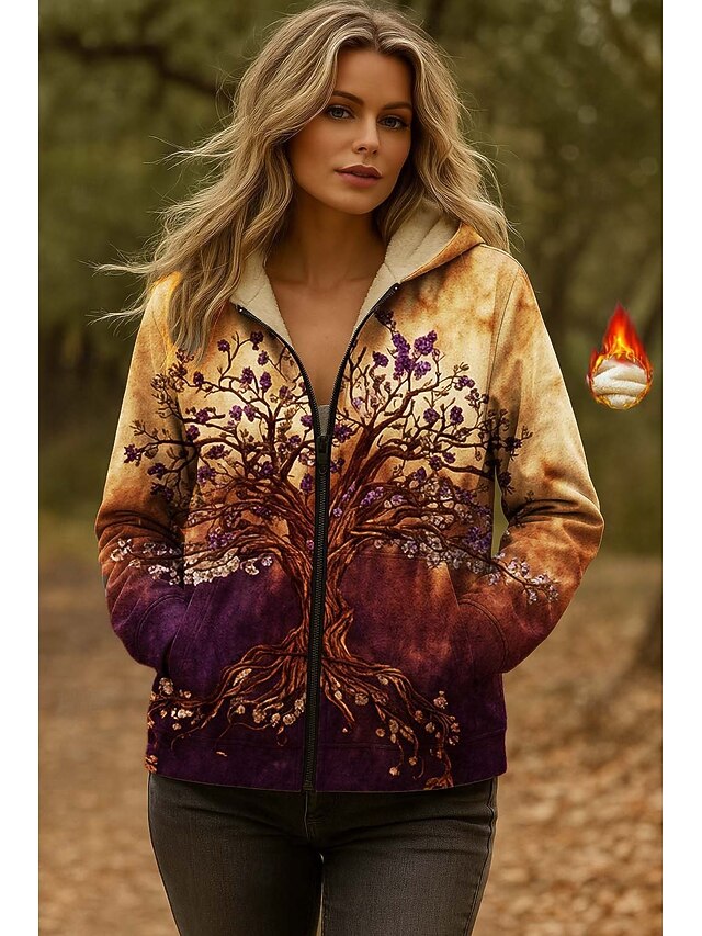 Geometric Zip Up Long Sleeve Jacket | Casual Printed Pocketed Woman's Jacket