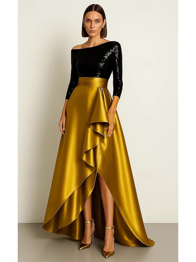  schwarz-goldenes A-Linien-Abendkleid, elegantes Abendkleid, formelle Hochzeit, asymmetrisch, 3/4-Ärmel, ein Schulterstück, Stretch-Pailletten-Satin mit Rüschen, Schlitz 2025