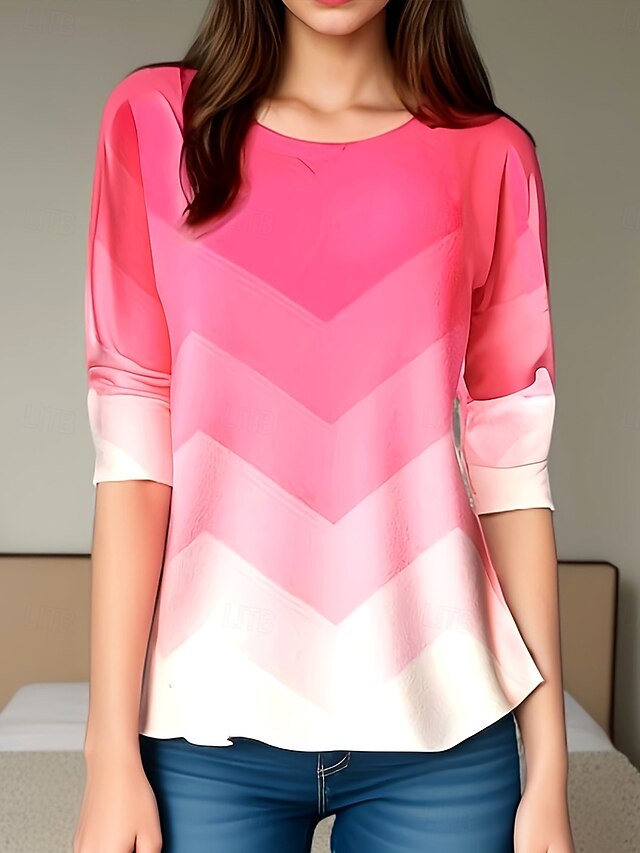 Women's T Shirt Ombre Graphic Geometric Vintage Stylish Classic Long Sleeve Crew Neck Round Neck Regular Tops Daily Print Pink Spring Fall Winter4