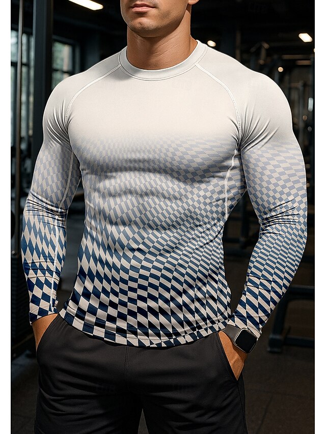  男性用 男女兼用 コンプレッション・シャツ ランニングＴシャツ 3Dプリント 長袖 ベース層 幾何学模様 速乾性 ビデオ圧縮 パワーフレックス 吸汗性 ジムトレーニング アクティブトレーニング 運動 スポーツウェア アクティブウェア ブルー