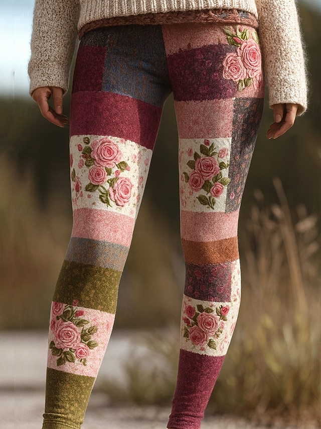  Damskie Getry Urlop Zabytkowe Moda Pełna długość Wysoka talia Kwiaty Graficzny Drukowanie Keep Warm Miękka Oddychający Elastyczny Urlop Ulica Jasnoróżowy Fioletowo-różowy Ciemnoróżowy Wiosna Jesie