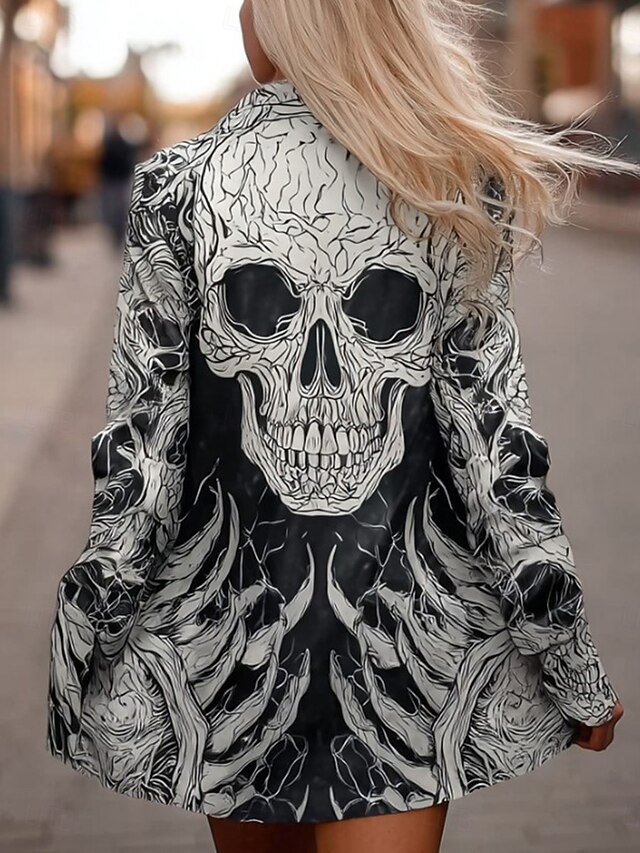 Halloween Women's Coat Lightweight Comfortable Skulls Print Vintage Artistic Casual Skull Casual Long Collarless Regular Fit Long Sleeve Outerwear Black Dark Grey Spring Fall3