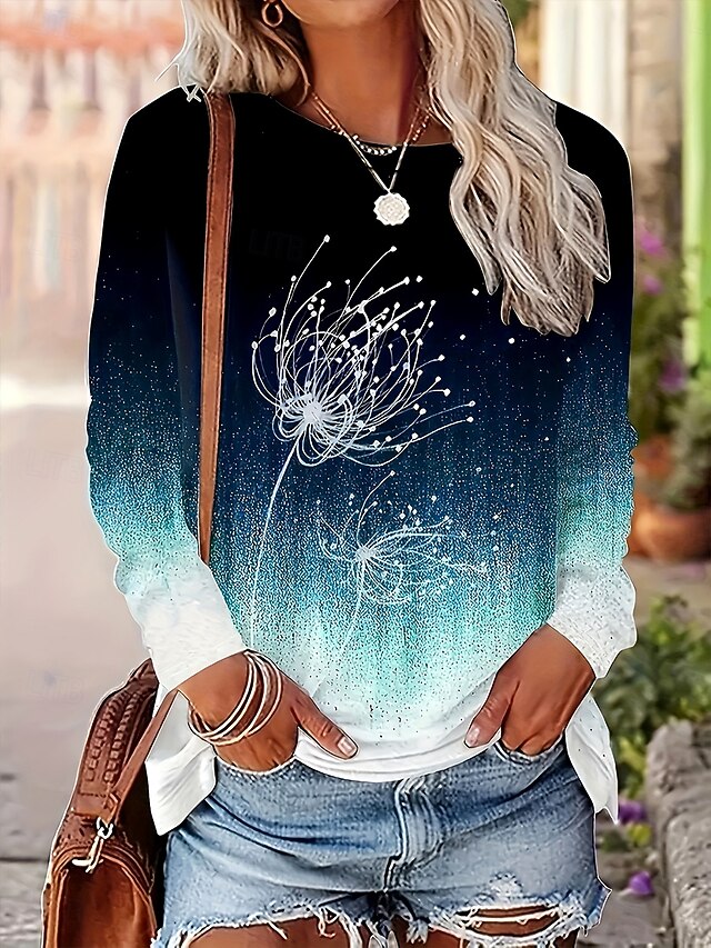 Women's T Shirt Ombre Graphic Plants Vintage Stylish Classic Long Sleeve Crew Neck Round Neck Regular Tops Daily Print Blue Spring Fall Winter4