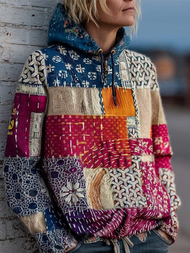 Women's Pullover Hoodies Geometric Plaid Vintage Fashion Streetwear Long Sleeve Hooded Regular Tops Dailywear Casual Drawstring Patchwork Print Denim Blue Spring Fall2