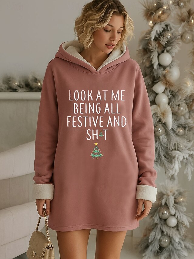 Christmas Women's Mini Dress Sweater Dress Shift Dress Casual Home New Year Loose Fit Graphic Letter Long Sleeve Hooded Pink Fall Winter3