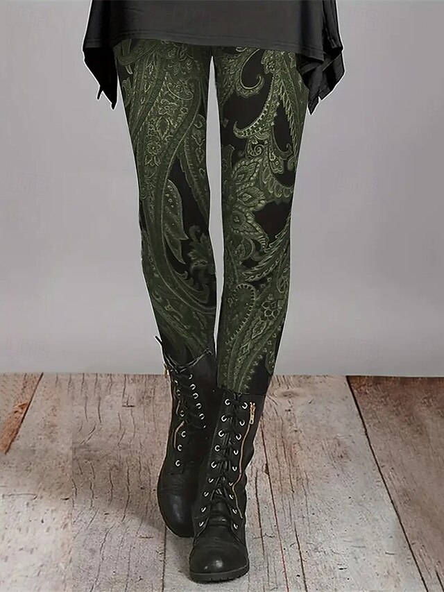 Women's Chinos Leggings Cozy Leggings Vacation Vintage Ethnic Style Full Length High Waist Floral Graphic Printing Thermal Warm Comfortable Stretchy Formal Vacation Street Green Fall Winter Slim Fit4