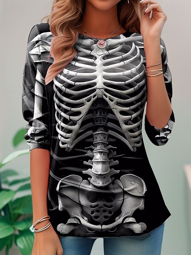 Halloween Women's T Shirt Skeleton Skulls Graphic Skeleton Vintage Fashion Stylish Long Sleeve Crew Neck Round Neck Regular Tops Daily Weekend Print Black Wine Dark Gray Summer Spring Fall4