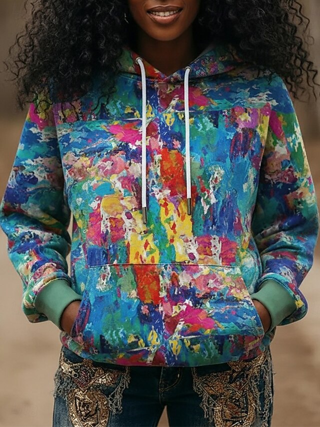 Women's Pullover Hoodies Graphic Color Block Abstract Fashion Streetwear Casual Long Sleeve Hooded Regular Tops Dailywear Casual Sports Drawstring Pocket Print Blue Spring Fall4