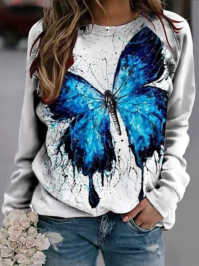 Women's Pullover Graphic Animal Butterfly Casual Long Sleeve Crew Neck Regular Tops Casual White Blue Dark Blue Fall Winter4