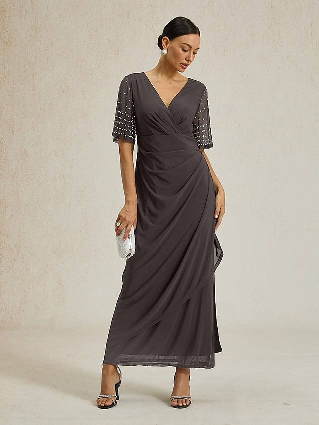 Women's Maxi Dress Sheath Dress Elegant Solid Color Short Sleeve V Neck Dark Gray Summer Spring Fall4