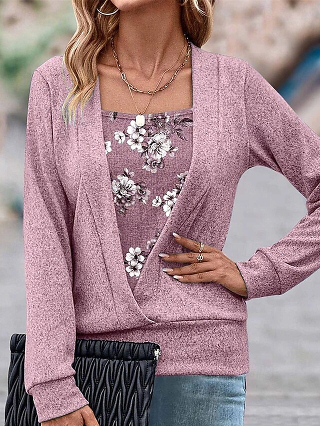 Women's Shirt Blouse Floral Stylish Basic Casual Long Sleeve V Neck Regular Tops Daily Holiday Print Fuchsia Spring Fall Winter4