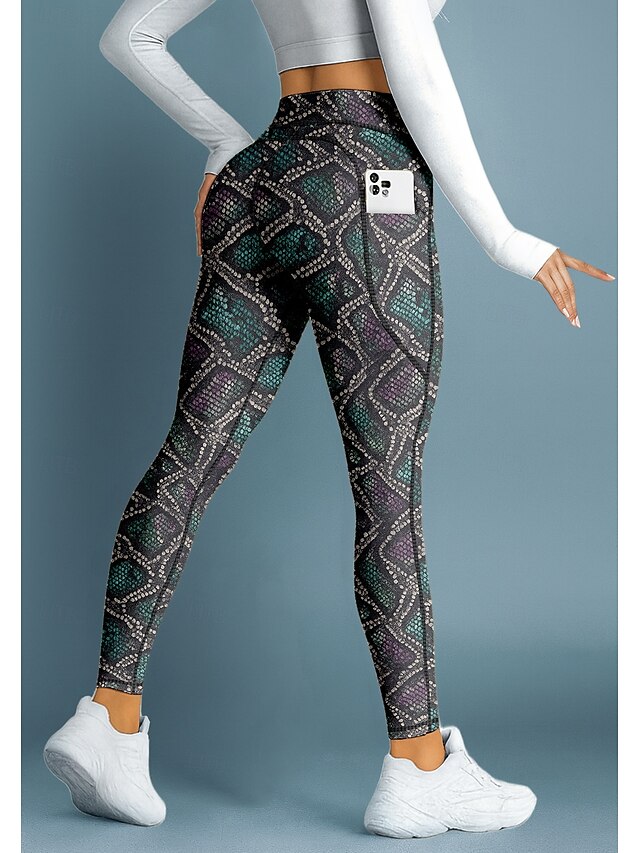 Women's pilates leggings fitness pants Gym Leggings Pockets Stamp Duty Side Pockets Pilates Gym Gym Workout Pants Tights Leggings Animal Patterned Snakeskin Dark Green Sports Activewear Stretchy4