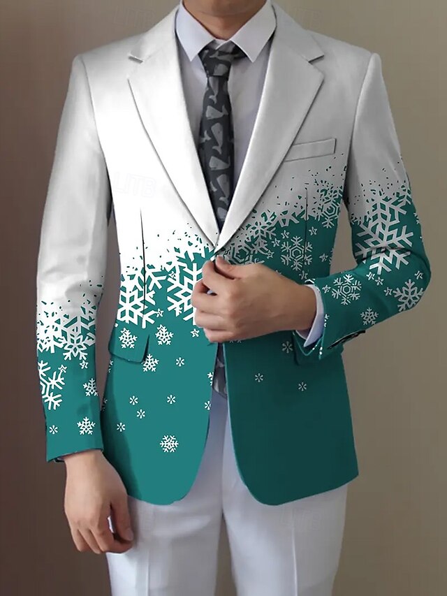  Herre Blazer Frakke Jul udendørs Gade Lomme Afslappet Hverdag Efterår vinter 100% Polyester Snefnug 3D-udskrivning Knapper Hold Varm Bekvem Enradet Blazer Rød Blå Lilla Brun