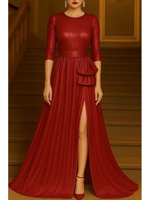  Goldschwarzes A-Linien-Abendkleid, elegantes Abendkleid, formelle Hochzeit, bodenlang, 3/4-Ärmel, Rundhalsausschnitt, Lurex-Stoff mit Glitzerfalten, 2025