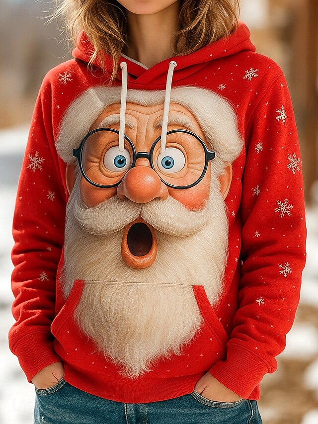 Women's Pullover Hoodie Sweatshirt Graphic Santa Claus Punk Active Vintage Long Sleeve Hooded Regular Tops Street Dailywear Casual Print Front Pocket White Red Spring Fall Winter4