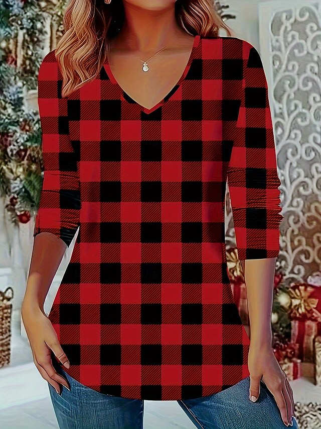 Christmas Women's Blouse Plaid Boho Long Sleeve V Neck Regular Tops Daily Red Blue Spring, Fall, Winter, Summer3
