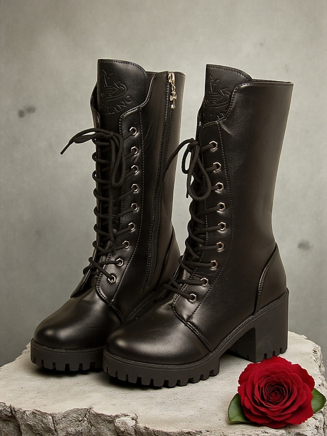  Bottes mi-mollet noires à lacets pour femmes, bottes à talons épais de style punk gothique pour un style décontracté, une soirée et un style streetwear