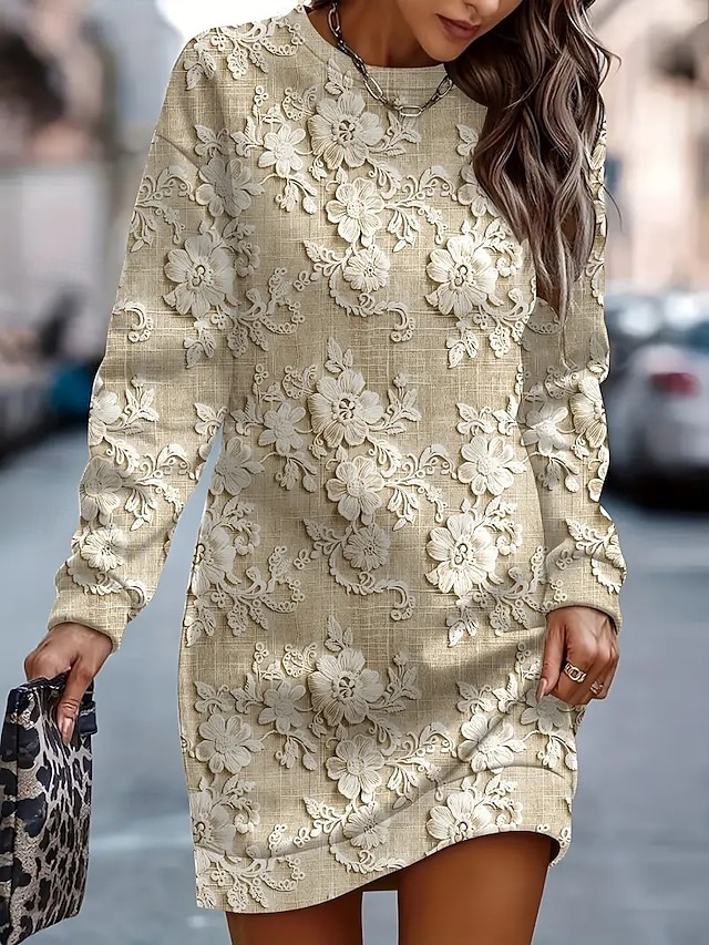  女性用 ブラック オレンジ カーキ色 春 秋 冬 ミニドレス シフトドレス A ラインドレス フィット＆フレアドレス 旅行度假风 カジュアル アウトドア バケーション 家 レギュラー グラフィック 幾何学模様 チェック クルーネック