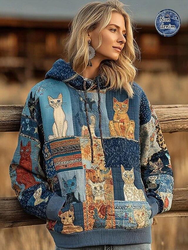 Women's Pullover Hoodie Sweatshirt Graphic Geometric Cat Vintage Casual Boho Long Sleeve Hooded Regular Tops Street Dailywear Patchwork Print Front Pocket Blue Spring Fall Winter2