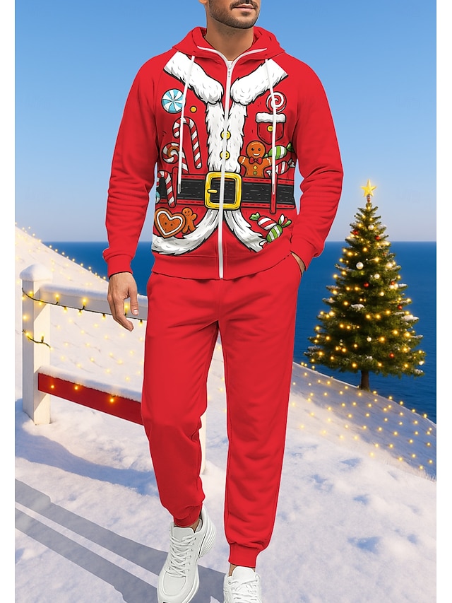  Natale Per uomo Felpa con cappuccio Tuta da Ginnastica Felpa con cappuccio con zip Coulisse Tasche Pantaloni Felpa con Cappuccio Felpa Autunno Rosso Verde Allenamento in Palestra Casuale Pallacanestro
